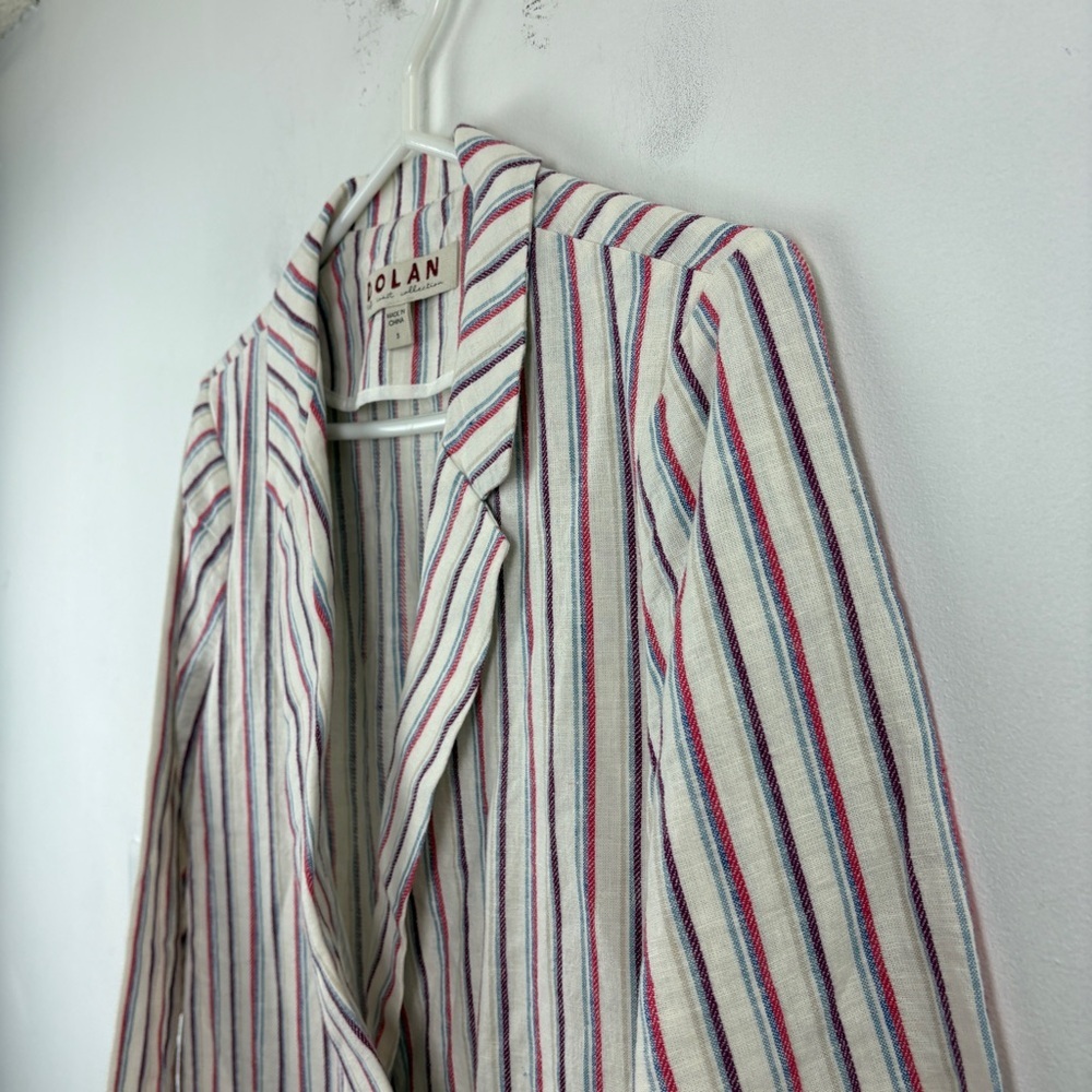 Anthropologie Linen Blend Striped Blazer Red White Blue Notched Lapel Jacket - Picture 4 of 7